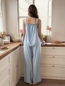 Snug Reverie Fresh Minimalist Solid Color Pleated Camisole Top With Wide Leg Pants Loungewear Set - Blue - View 2