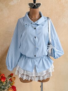 Soleia Women's Korean Style Vacation Striped Button Long Sleeve Jacket - Multicolor - View 6