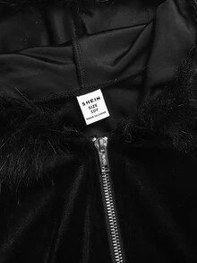 SHEIN 青少年女孩天鵝絨刺繡毛絨飾邊拉鍊連帽外套 - 黑色 - 查看 6