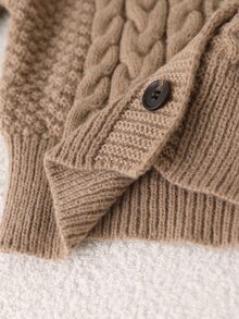 SHEIN Tween Girl Solid Drop Shoulder Cable Knit Cardigan - Brown - View 4
