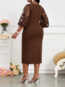 SHEIN Lady Plus Size Elegant Party Floral Embroidered Mesh Patchwork Dress - Brown - View 2