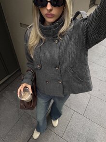 Aloruh 女款高街休閒寬鬆千鳥格格紋夾克 - 黑色 - 查看 6
