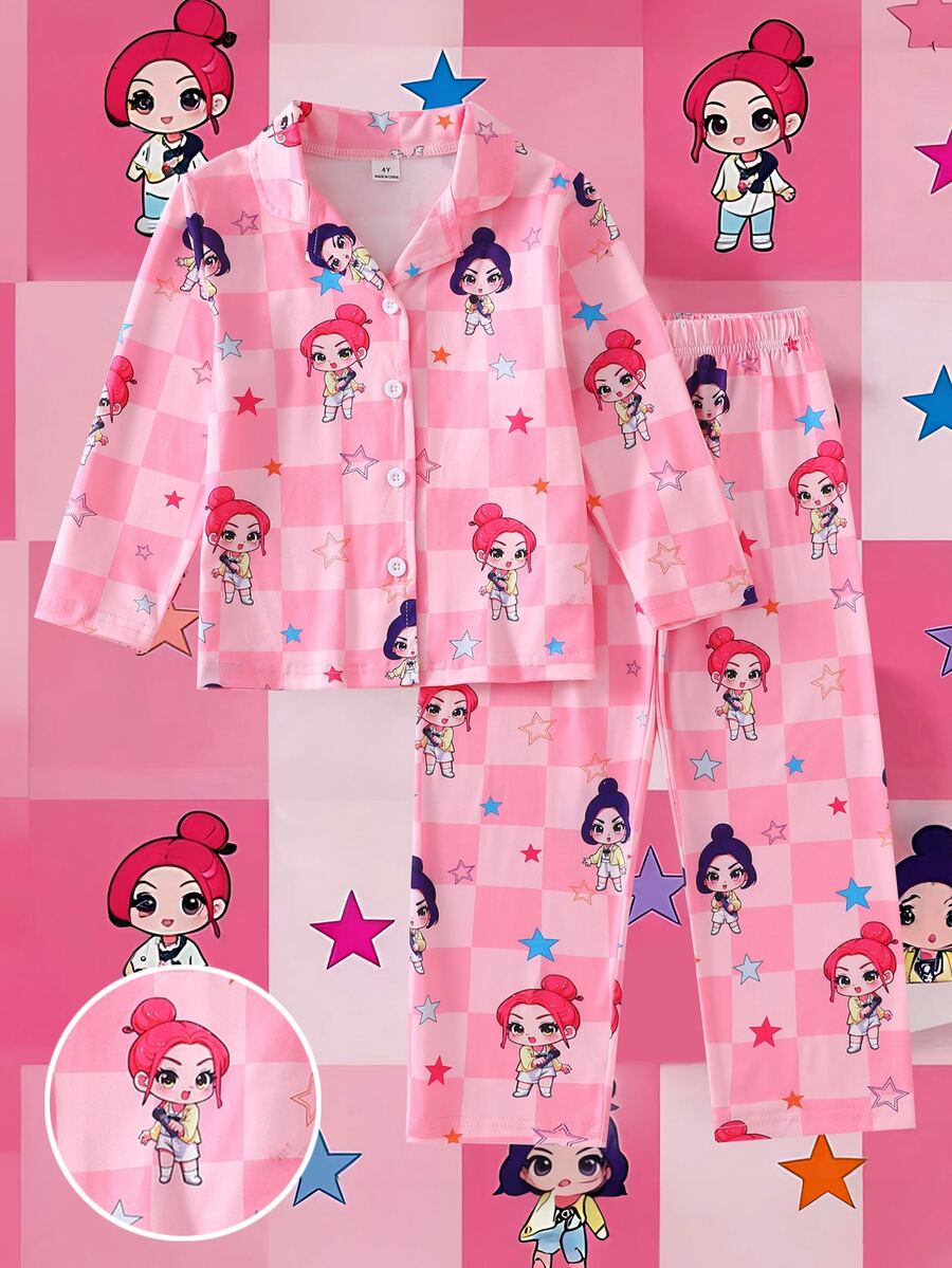 Genkimix Kids 2pcs/Set Girls Toddler Casual Simple Cute Cartoon Character Print Long Sleeve Cardigan And Pants Loungewear Set - Pink - View 1