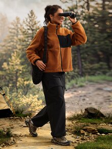 Exploreva Women's Winter Comfortable Zipper Pocket Long Sleeve Outdoor Fleece Jacket - Brown - View 7