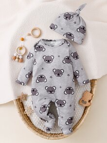 Conjunto de Pijama y Gorro con Estampado de Koala para Bebé Recién Nacido - Gris Claro - Ver 7