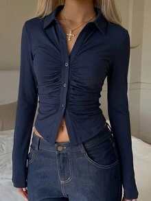 SHEIN EZwear T-shirt court à boutons devant et froncé unicolore - Bleu marine - Voir 5