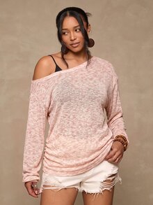 Freevana Plus Asymmetrical Neck Drop Shoulder Tee Without Bra - Multicolor - View 5