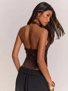 SHEIN BAE بودي سوت بنقشة زهور بياقة هالتر وظهر مكشوف - بني - مشاهدة 2