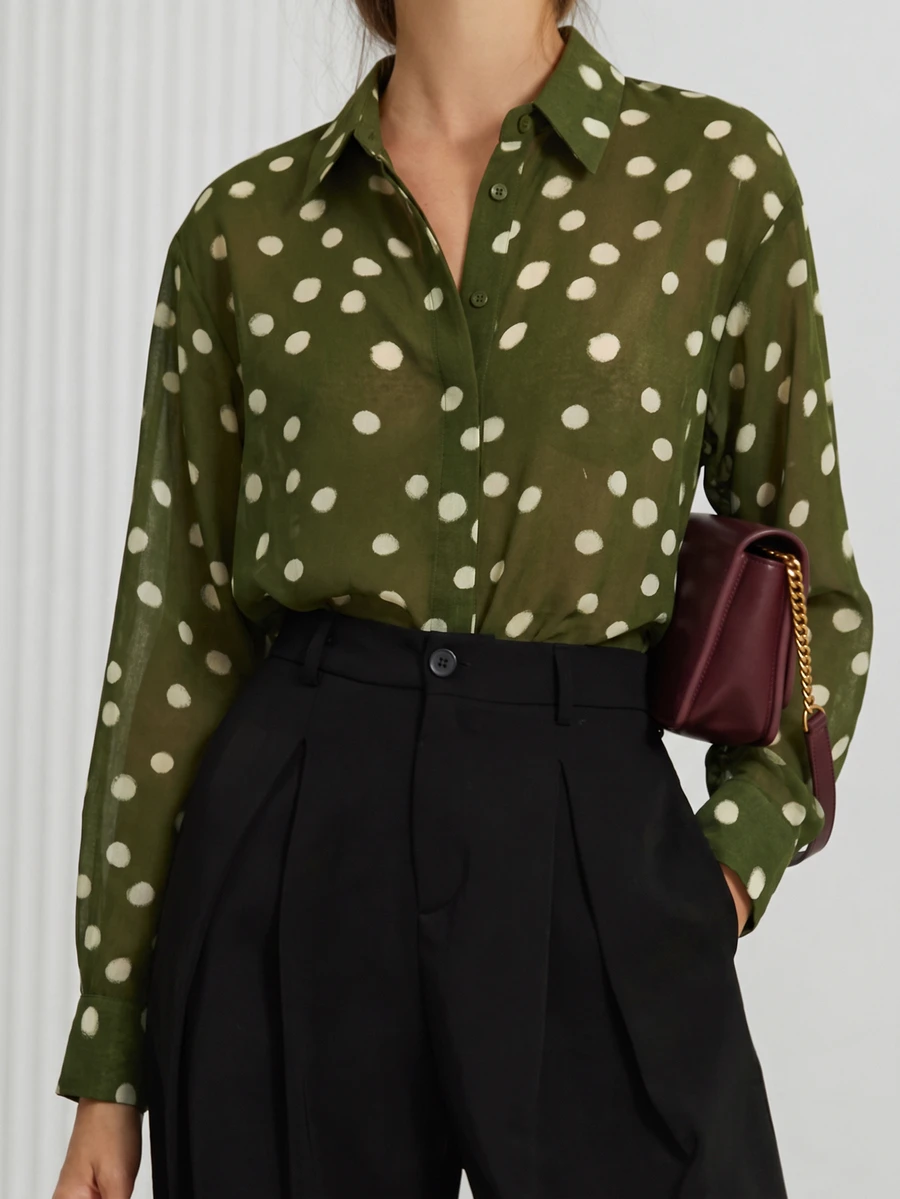 Aveloria Modichic Women Blouses Shirts Office Green Polka Dot Fall Vintage Casual French Elegant - Multicolor - View 1