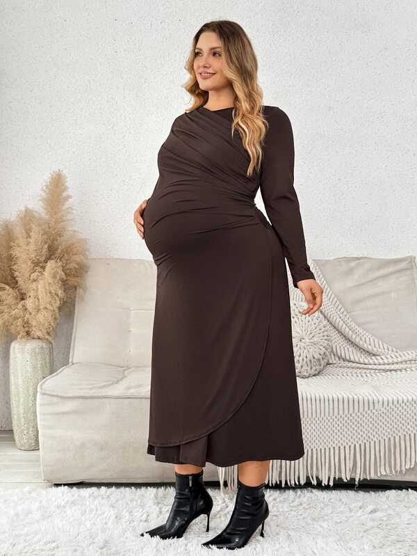 Plussiva Plus Size Solid Color Ruched Long Sleeve Casual Maternity Dress