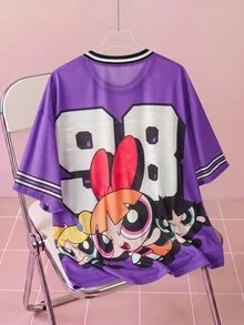 THE POWERPUFF GIRLS X SHEIN Men's Cartoon Print Striped Crew Neck T-Shirt For Daily Wear - Purple - View 2