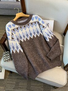 GlowEve CURVE Women's Autumn New Single Piece Round Neck Jacquard Pattern Coffee Brown Regular Fit Everyday Versatile Fashion Commute Knit Pullover Long Sleeve Plus Size Sweater - Coffee Brown - View 3