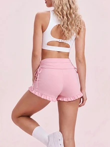 SHEIN Sovereign Charm Drawstring Side Ruffle Hem Sports Shorts - Pink - View 3