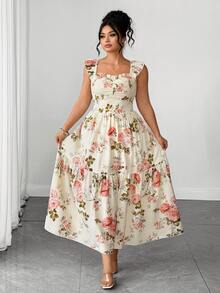 SHEIN Elenzya Plus Beige Ruffle Trim Dress Wedding Brunch Wedding Guest Summer Fairy - Apricot - View 5