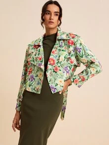 LOTSLUV Women's Mint Green Cropped Drop Shoulder Jacket, Allover Floral Print, Lapel Collar, Zip Front, Western 70's Elegant Autumn Daytime Night Out Party - Multicolor - View 3