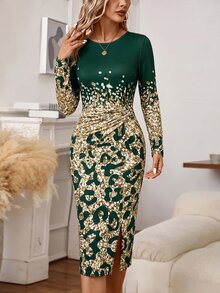 SHEIN Clasi 圖案印花扭結前襟大腿開衩洋裝 - 彩色 - 查看 1