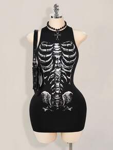 SHEIN ICON Vestido ajustado con estampado de esqueleto - Negro - Ver 1