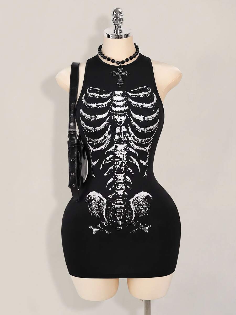 SHEIN ICON Vestido ajustado con estampado de esqueleto - Negro - Ver 1