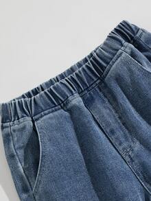 SHEIN Young Girls Elastic Waist Bow Embroidered Ruffle Hem Wide Leg Denim Jeans For Fall Winter Daily Casual Wear - Blue - View 4