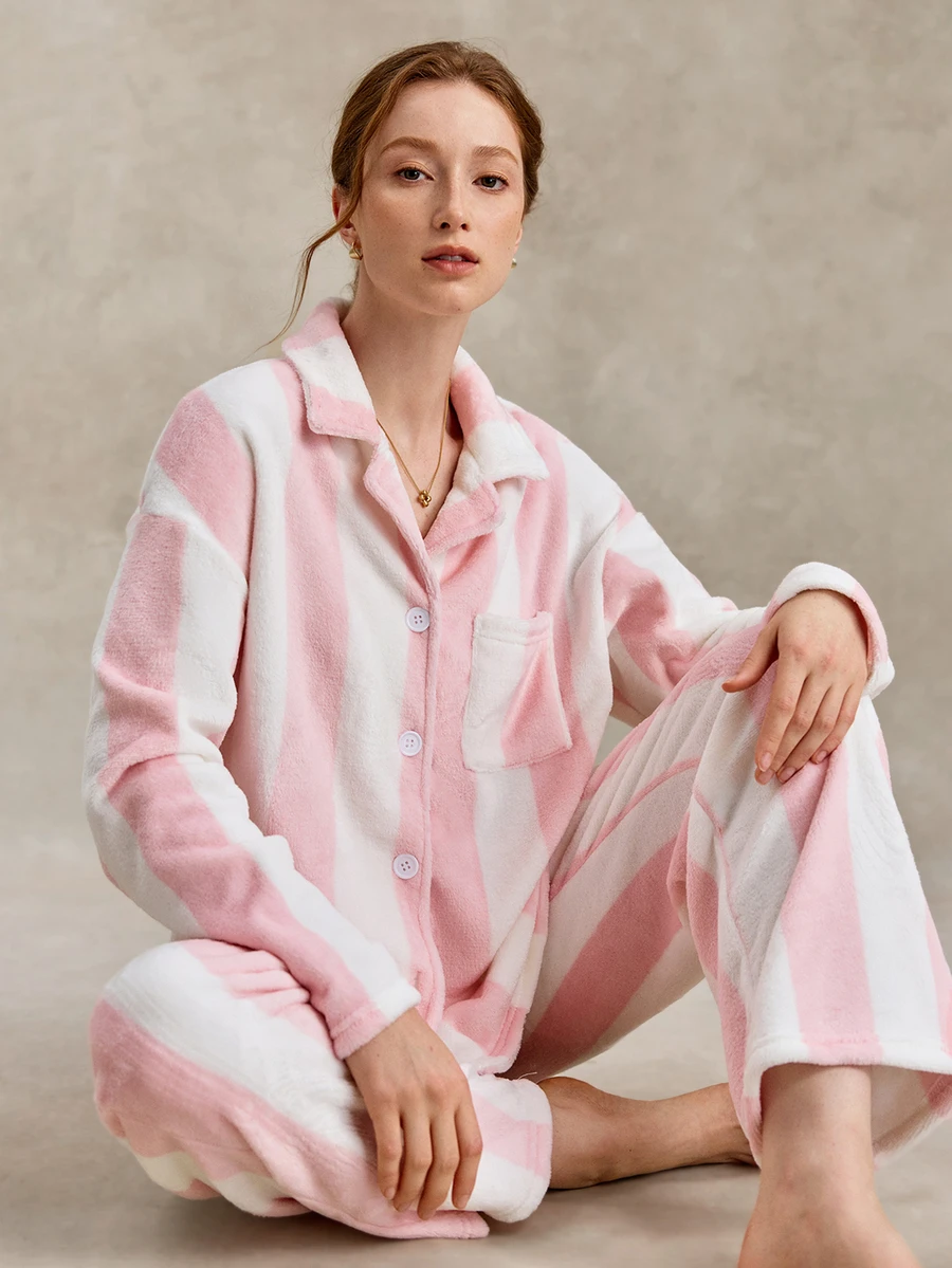 EverLounge Women's British Style Striped Plush Pajama Set - Multicolor - View 1