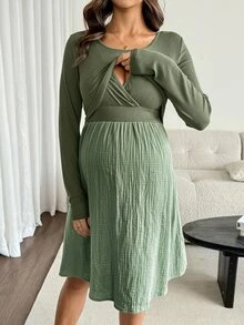 SHEIN Vestido de lactancia de maternidad con bloques de color y patchwork - Verde - Ver 2