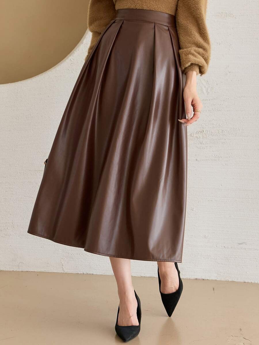 DAZY Rok Midi Lipit Elegan Wanita Bahan PU Gaya Jalanan Musim Gugur - Rust Brown - View 1