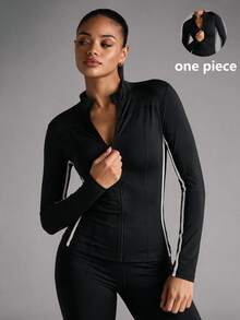 Sirith Contrast Stripe Print Zip Up Sports Tee - Black - View 1