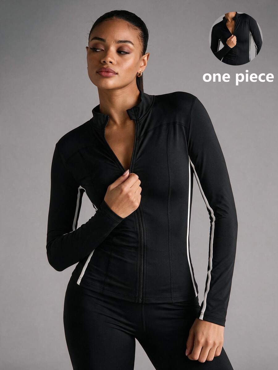 Sirith Contrast Stripe Print Zip Up Sports Tee - Black - View 1