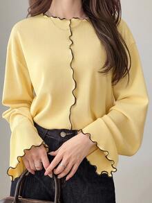 FRIFUL Contrast Trim Drop Shoulder Tee - Yellow - View 5