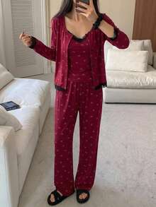 DAZY Floral Print Lace Trim Cami Top & Pants PJ Set - Burgundy - View 3