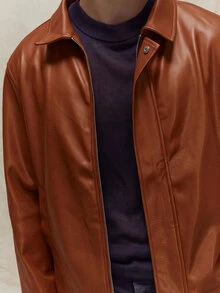Musero Boxy Fit Leather Long Sleeve Cropped Hidden Placket Leather Jacket  Spring&Summer - Rust Brown - View 6