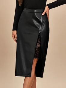 Amorya Zip Up Contrast Lace PU Leather Skirt - Black - View 8