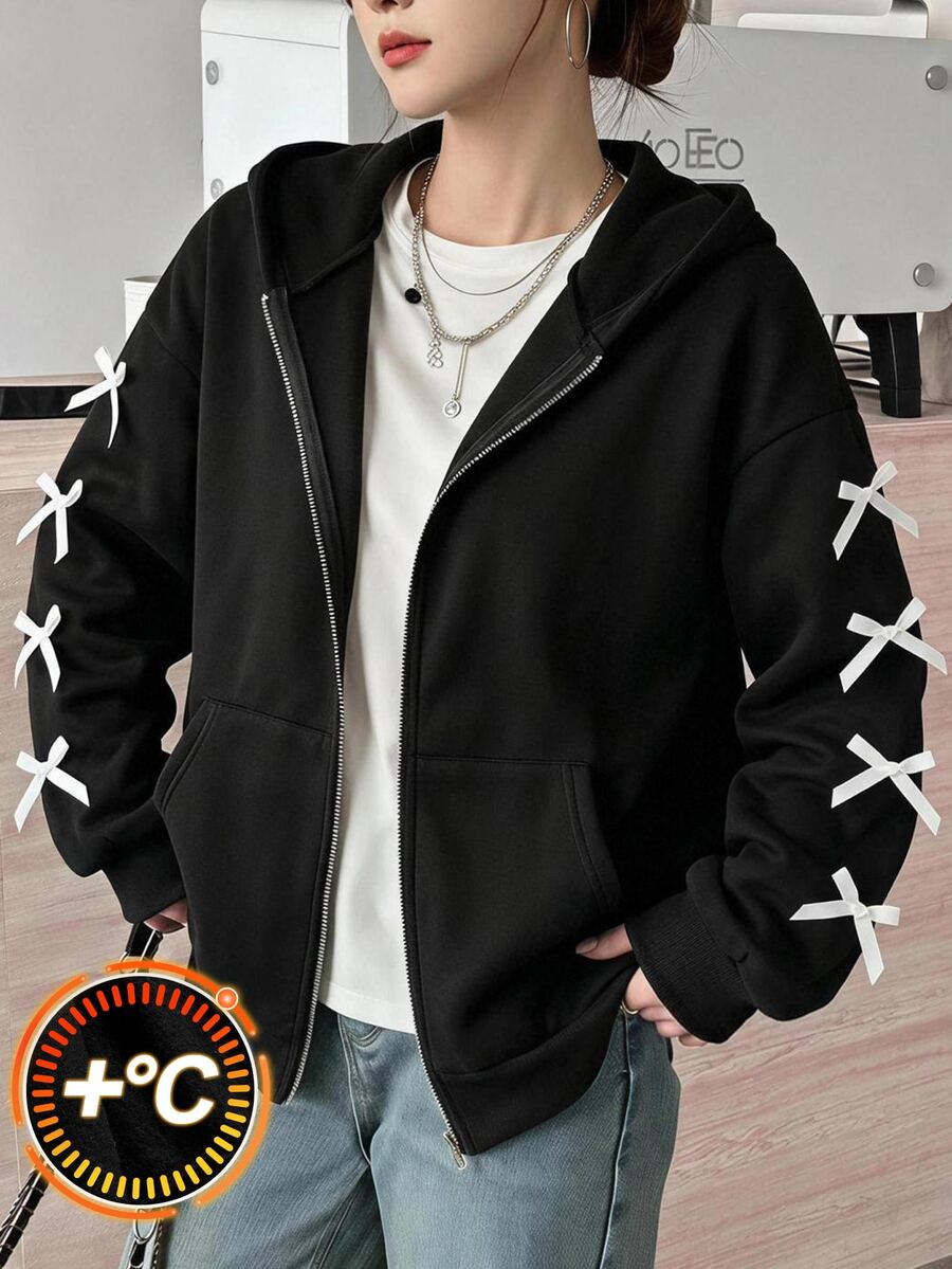 Girlism Teen Girl Contrast Bow Detail Zip Up Hooded Thermal Sweatshirt - Black - View 1