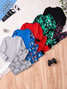 SHEIN 青少年男孩 1件字母與遊戲手把印花睡衣上衣 & 1件睡褲 - 彩色 - 查看 2