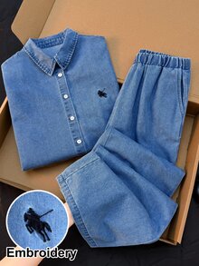 SHEIN EZwear Women's Equestrian Embroidered Long Sleeve Single-Breasted Shirt And Denim Pants Set Fall - Medium Wash - View 1