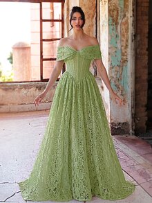 Aureia Elegant Formal Romantic 3D Lace Tube Strapless Bodice With Waist Mesh Sheer Effect, Boning Structure, Oversized A-Line Skirt, Wedding Prom Green Fall - Green - View 7