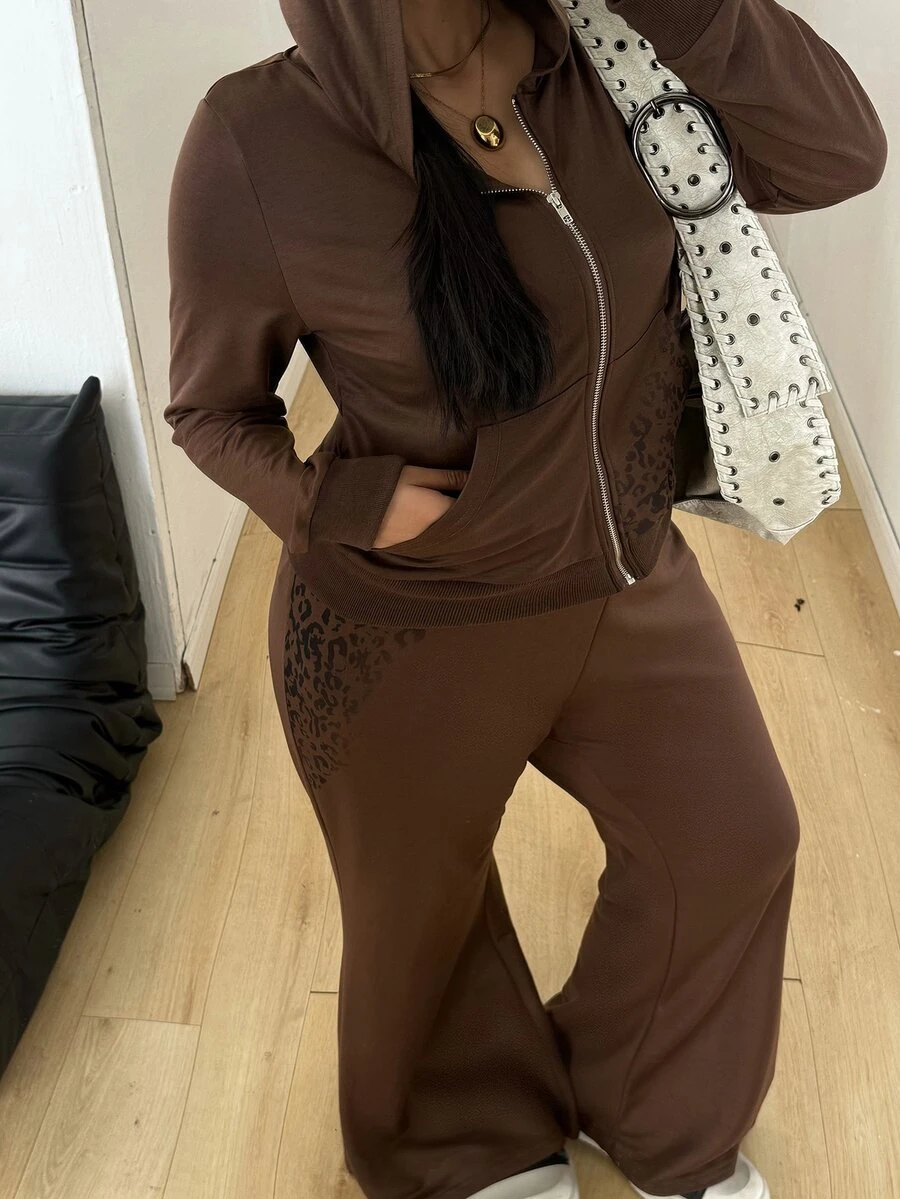 POPSWAY Fashion Casual Hooded Short Sweatshirt Jacket & Long Flared Sweatpants Set - Brown - View 1