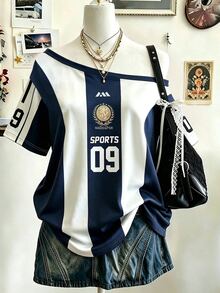 Lalippa 女款運動風條紋印花時尚不對稱單肩T恤 生日禮物 - 淺灰色 - 查看 4