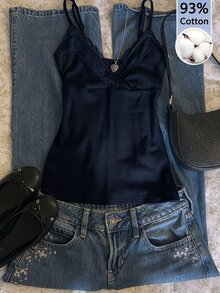 IslaSuriya Solid Lace Trim Cami Top - Navy Blue - View 1
