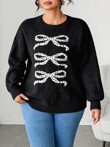 Elenzga Plus Bow Pattern Drop Shoulder Sweater - Hitam dan Putih - View 3