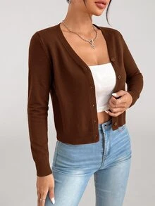 SHEIN PETITE Women Lightweight Cardigans - Chocolate Brown - View 3