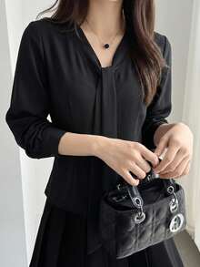 DAZY Solid Tie Neck Blouse - Black - View 3