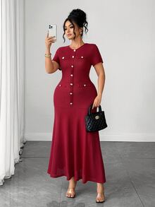 Elenzga Gaun Plus Size Polos dengan Kancing Depan dan Hem Model Duyung, Cocok untuk Sehari-hari, Kantor, Makan Malam, Perjalanan, Warna Burgundy, Musim Gugur, Elegan - Burgundy - View 5