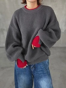 FRIFUL Sweater Kasual Longgar Lengan Panjang Model Bahu Jatuh untuk Wanita di Musim Dingin - Grey - View 7