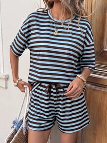 SHEIN LUNE 女款休閒彩色條紋夏季度假通勤日常基礎時尚短袖短褲兩件套 - 藍色 - 查看 3