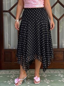 GalTyme Plus Size Summer Elegant Polka Dot Print Asymmetrical Hem Skirt - Black and White - View 7