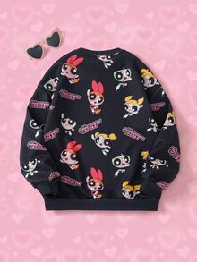 THE POWERPUFF GIRLS X SHEIN Tween Girl Crew Neck Long Sleeve Casual Sweatshirt - Black - View 2