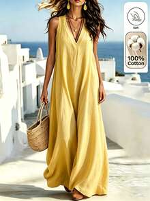 SHEIN LUNE CURVE Plus Solid V Neck Maxi Tank Dress - Yellow - View 1