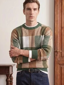 Manfinity CityGents Men Plaid Pattern Round Neck Sweater - Army Green - View 5