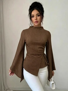 Elenzga Mock Neck Asymmetrical Hem Tee - Brown - View 3